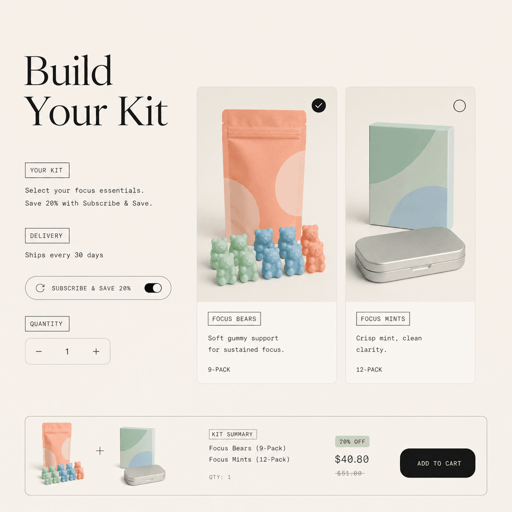 Mend kit with Focus Bears, Focus Mints, and a compact pastel kit box on warm linen
