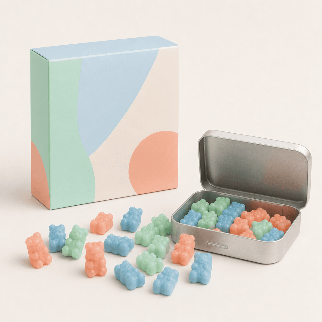 Mend Focus Bears with pastel gummy bears, a slim mint tin, and a kit box on warm linen