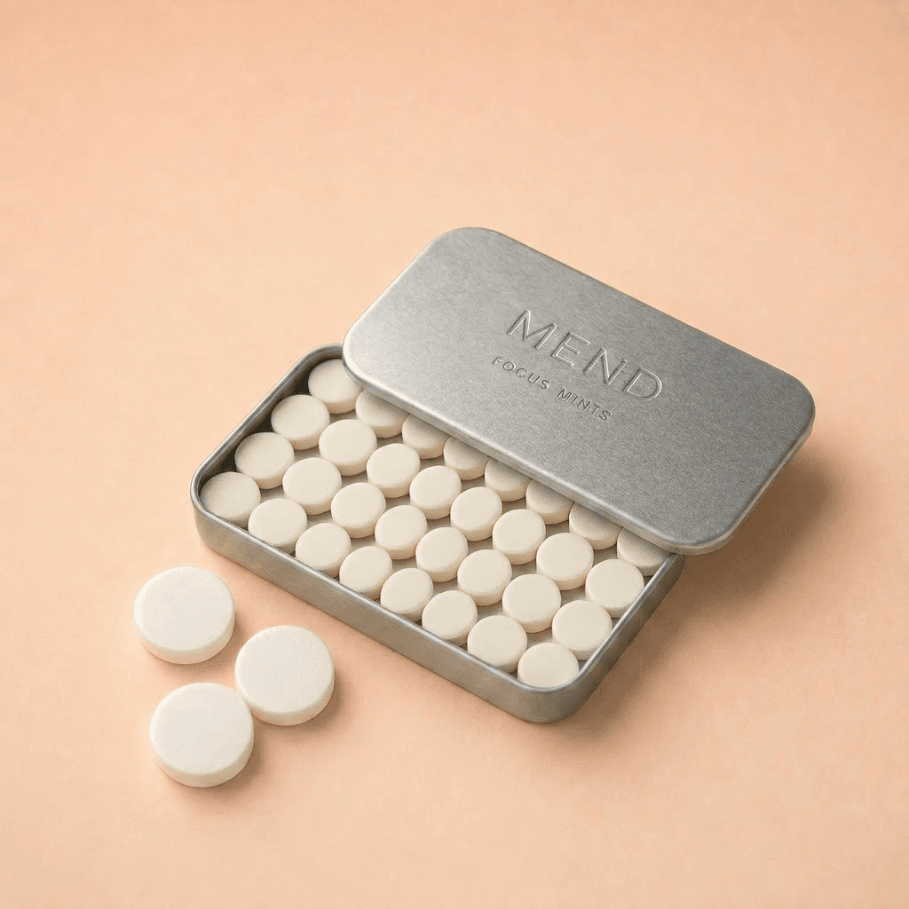 Mend Focus Mints in a slim brushed aluminum tin with plain unmarked off-white compressed tablets